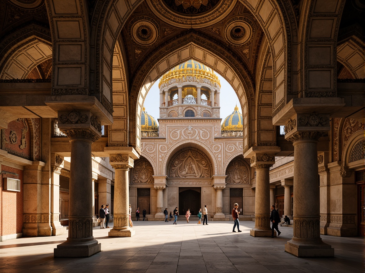 Prompt: Intricate stone carvings, ornate domes, grand archways, lavish mosaics, gilded accents, rustic brickwork, weathered stone walls, ornamental columns, majestic bell towers, dramatic entrance portals, richly textured stonework, warm golden lighting, shallow depth of field, 2/3 composition, symmetrical framing, highly detailed ornaments, ambient occlusion.