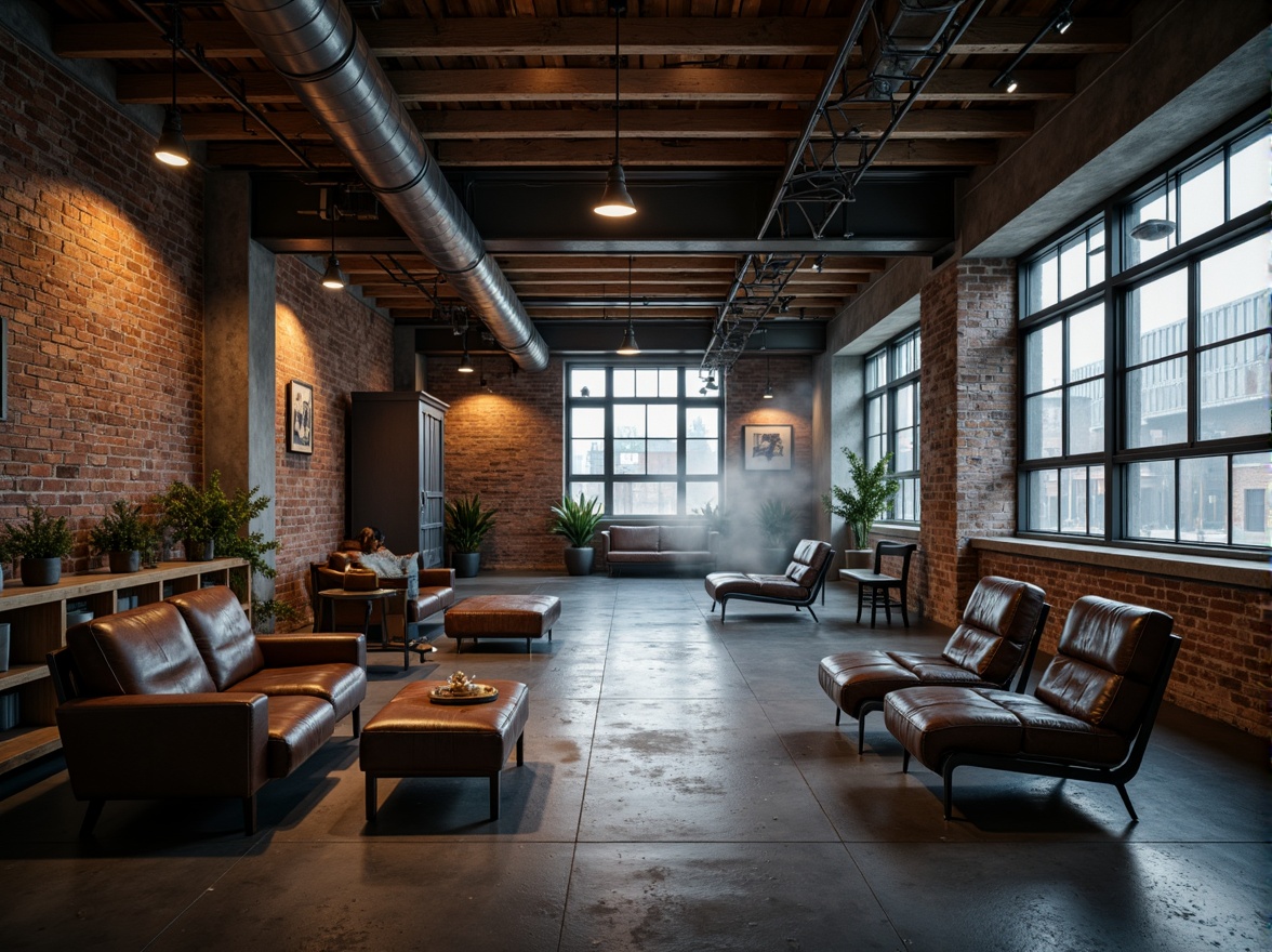 Prompt: Exposed ductwork, steel-framed structures, industrial chic, reclaimed wood accents, metal beams, polished concrete floors, Edison bulb lighting, urban loft atmosphere, converted warehouse space, modern minimalist decor, sleek steel furniture, distressed leather upholstery, moody color palette, dramatic shadows, low-key ambient lighting, shallow depth of field, 2/3 composition, cinematic framing, gritty textures, atmospheric fog.