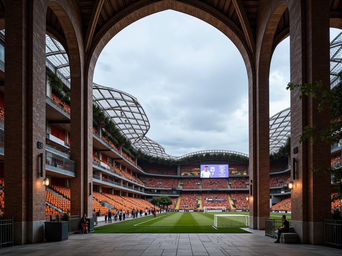 Prompt: Gothic soccer stadium, pointed arches, ribbed vaults, flying buttresses, grand entrance, ornate facades, stained glass windows, intricate stone carvings, majestic towers, steeply pitched roofs, innovative roof structure, curved metal beams, translucent roofing materials, natural ventilation systems, clerestory windows, dramatic interior spaces, warm atmospheric lighting, 1/1 composition, symmetrical framing, realistic textures, ambient occlusion.