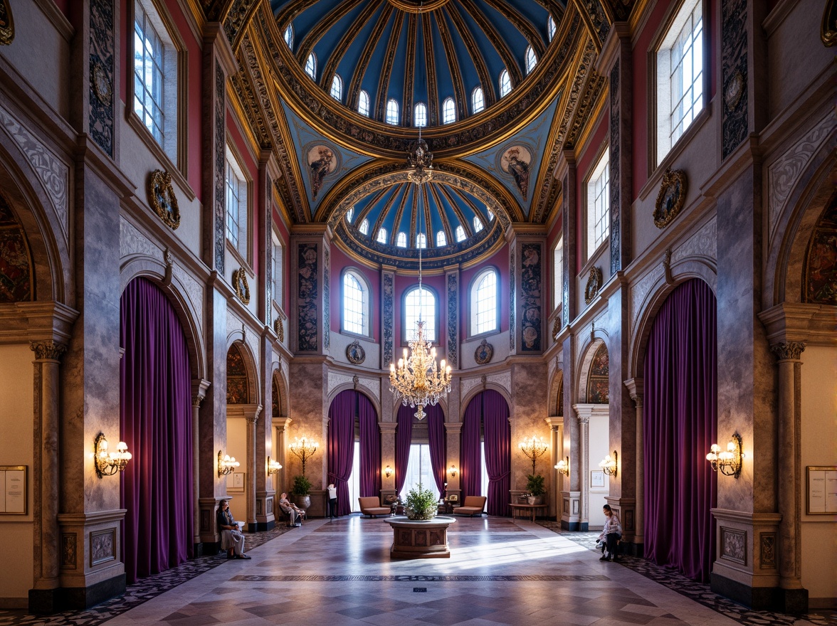 Prompt: Majestic Byzantine architecture, azure domes, golden accents, intricate mosaics, ornate archways, grandiose columns, lavish frescoes, rich velvet fabrics, regal purple hues, soft cream marble, warm candlelight, mystical ambiance, dramatic shadows, 1/2 composition, atmospheric perspective, realistic reflections, detailed textures.