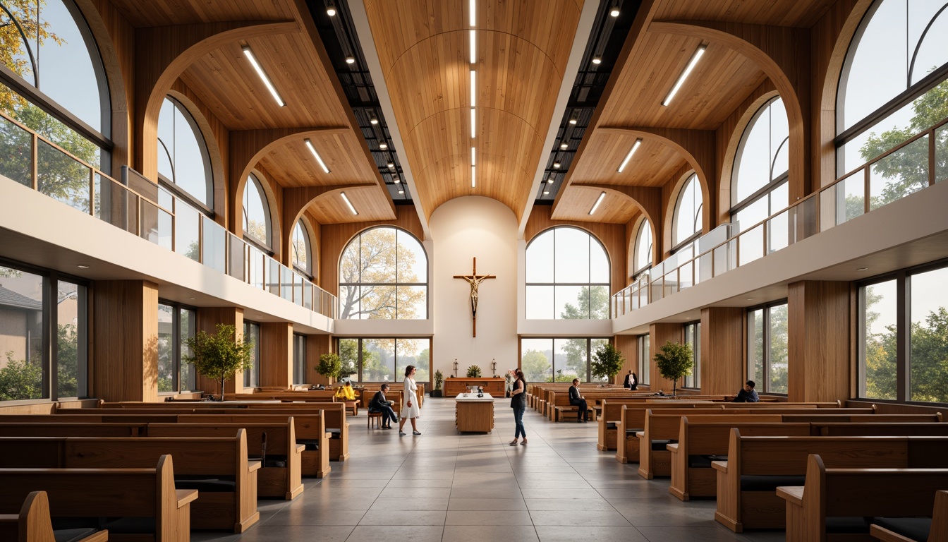 Prompt: Contemporary church interior, minimalist pews, natural stone flooring, stained glass windows, abstract crucifix, modern altar design, sleek wooden accents, indirect warm lighting, soft ambient glow, shallow depth of field, 1/1 composition, symmetrical balance, airy open spaces, curved lines, geometric patterns, bold colorful textiles, innovative seating arrangements, communal gathering areas, peaceful ambiance, serene atmosphere, subtle spiritual symbolism.