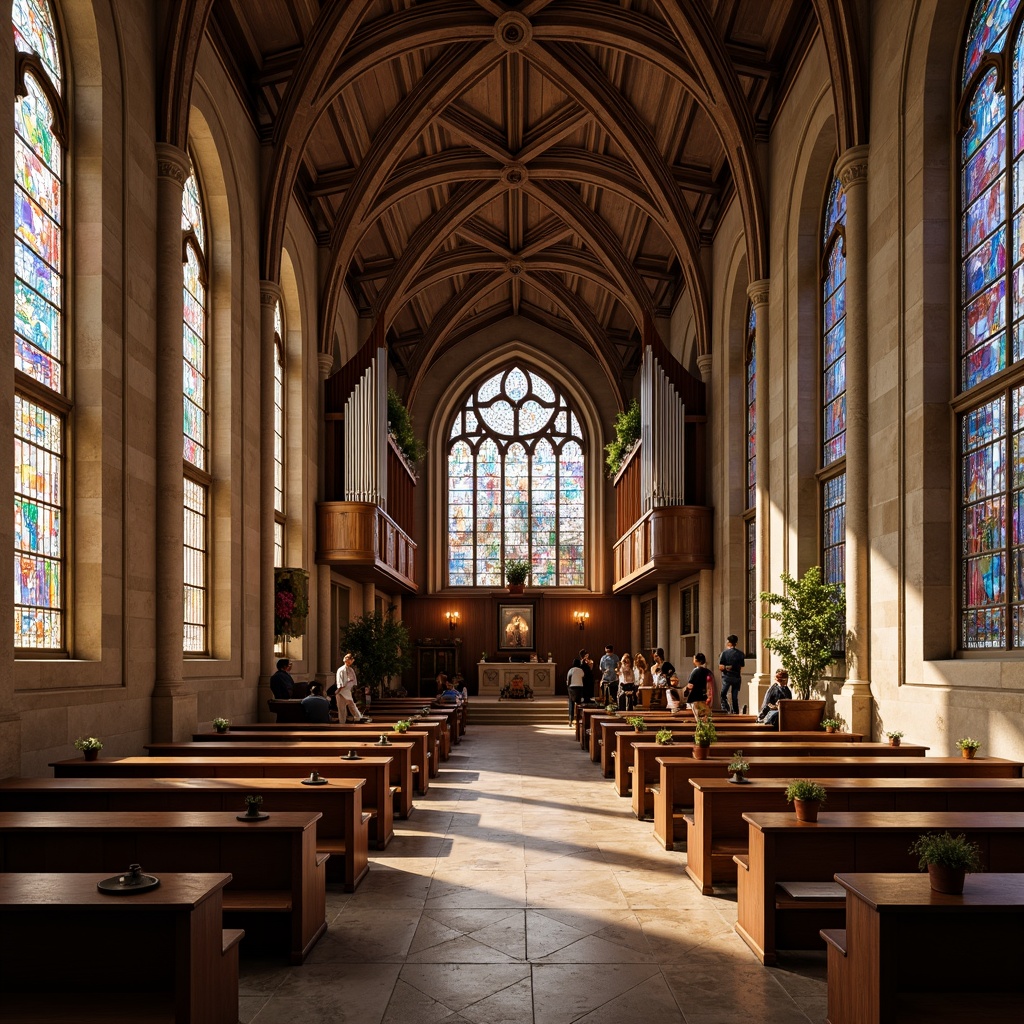 Prompt: Stained glass windows, intricate stone carvings, grand cathedral ceilings, ornate wooden pews, majestic pipe organs, serene natural light, warm earthy tones, rustic stone walls, elegant arches, vibrant colored glass, subtle texture details, shallow depth of field, 1/1 composition, symmetrical balance, realistic reflections, ambient occlusion.