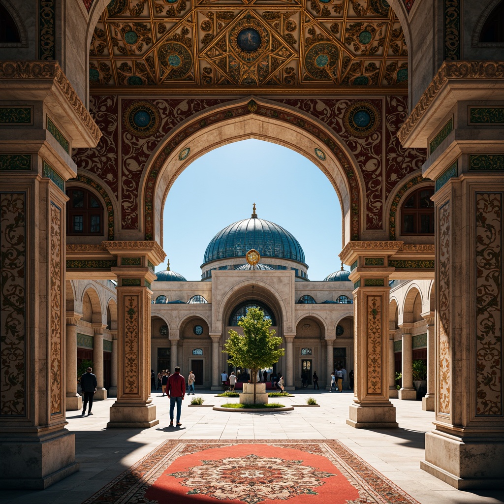 Prompt: Byzantine-style architecture, azure domes, golden accents, intricate mosaics, ornate frescoes, grand archways, ornamental columns, lavish decorations, rich textiles, velvet fabrics, gemstone embellishments, mystical ambiance, soft warm lighting, shallow depth of field, 1/1 composition, realistic textures, ambient occlusion, warm sunny day, clear blue sky.