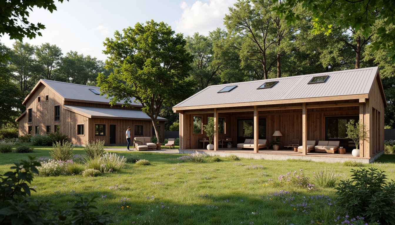 Prompt: Rustic barn architecture, vintage farm tools, lush green meadows, wildflowers, wooden fences, weathered stone walls, earthy color palette, natural textures, modern academic facilities, sleek metal accents, glass roofs, clerestory windows, open interior spaces, minimalist decor, warm soft lighting, shallow depth of field, 3/4 composition, panoramic view, realistic textures, ambient occlusion.