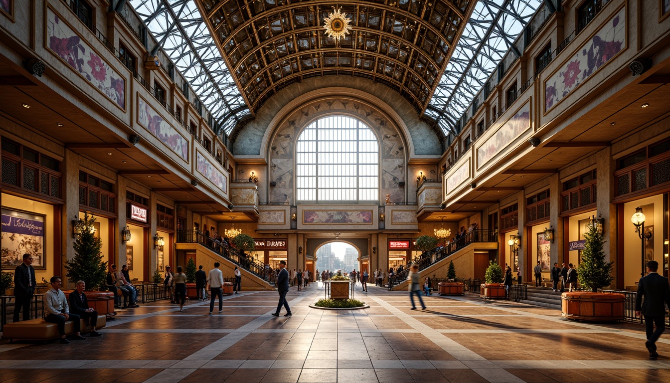 Prompt: Grandiose train station, ornate metal framework, geometric patterned facades, luxurious marble floors, intricate mosaics, ornamental staircases, lavish chandeliers, vibrant metallic accents, sunburst motifs, zigzag patterns, bold typography, retro-futuristic aesthetic, warm golden lighting, dramatic shadows, high-contrast reflections, 1/2 composition, symmetrical framing, detailed textures, realistic materials.