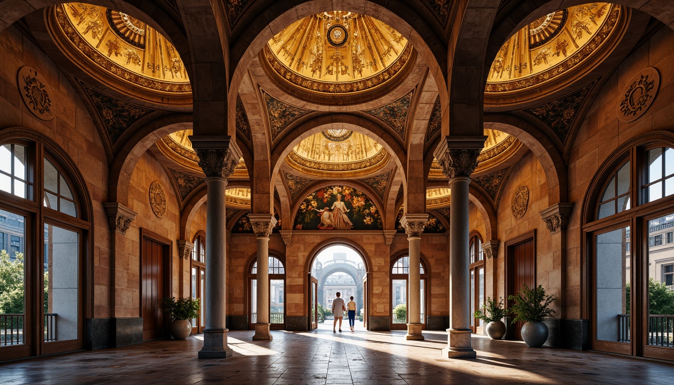 Prompt: Intricate arches, ornate carvings, golden mosaics, majestic domes, grand entranceways, Byzantine-inspired columns, richly patterned textiles, warm ambient lighting, subtle shadows, intricate stone carvings, ornamental capitals, rustic red brick walls, weathered stone facades, symmetrical composition, 1/2 perspective view, realistic textures, subtle depth of field.