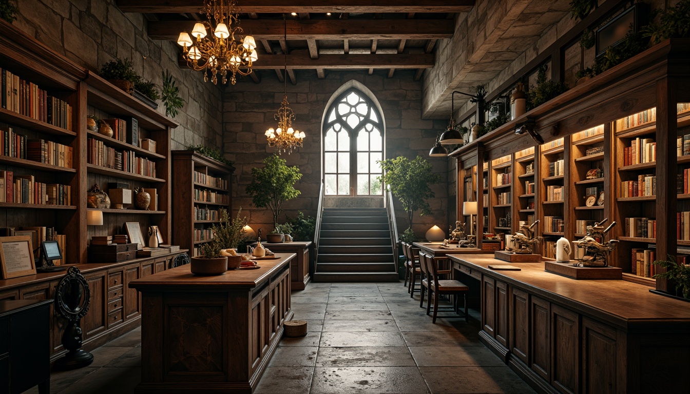 Prompt: Rustic laboratory, distressed wood surfaces, worn stone walls, vintage scientific equipment, antique microscopes, ornate metal fixtures, soft warm lighting, mysterious shadows, dramatic archways, grandiose staircases, lavish chandeliers, rich velvet drapes, intricate Gothic patterns, romantic era-inspired textures, moss-covered stones, aged leather-bound tomes, dimly lit corridors, eerie ambiance, cinematic composition, atmospheric misting, 1/2 frame ratio, warm color palette, realistic render.