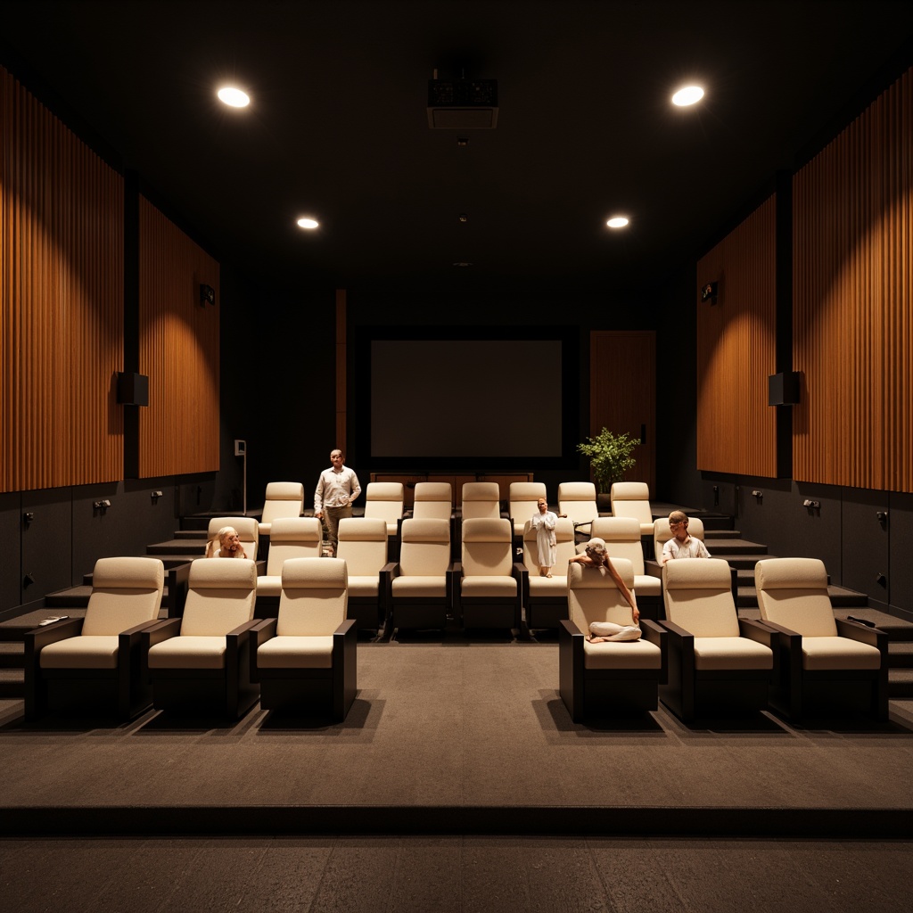 Prompt: Modern theater interior, spacious seating area, comfortable chairs, soft cushioning, gentle lighting, warm atmosphere, advanced air conditioning systems, efficient ventilation networks, subtle airflow management, whisper-quiet fans, odorless air purification, natural daylight filtering, sound-absorbing materials, acoustic panels, minimalist design, sleek lines, premium fabric upholstery, rich wood accents, subtle color palette, calm ambiance, shallow depth of field, 1/2 composition, softbox lighting, realistic textures.