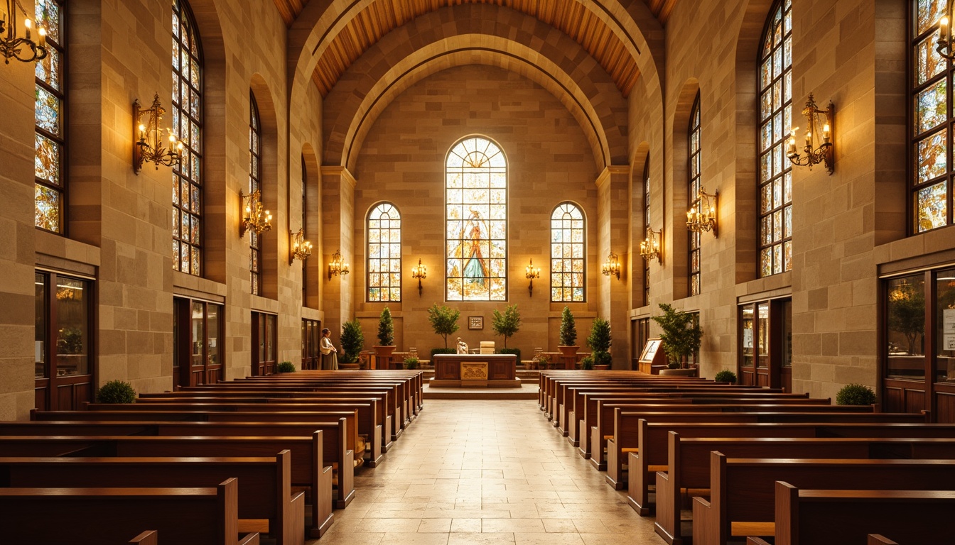 Prompt: Sacred church interior, warm beige stone walls, stained glass windows, soft golden lighting, rich wood accents, elegant pews, ornate chandeliers, vaulted ceilings, subtle earthy tones, calming atmosphere, serene ambiance, natural textures, divine inspiration, heavenly hues, peaceful color scheme, gentle warmth, comforting environment.