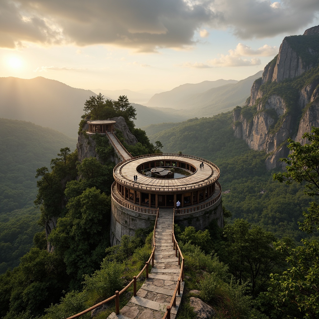 Prompt: Panoramic watchtower, rugged mountainous landscape, lush green forests, winding stone paths, scenic lookout points, rustic wooden decks, natural rock formations, weathered metal railings, elevated vantage points, dramatic cloud formations, warm golden lighting, atmospheric mist effects, 3/4 composition, symmetrical architecture, earthy color palette, organic textures, ambient occlusion.