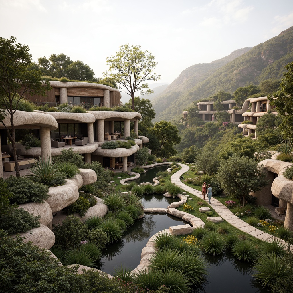 Prompt: Seamless landscape integration, harmonious building forms, natural stone walls, green roofs, lush vegetation, curved lines, organic shapes, earthy tones, rustic textures, wooden accents, cantilevered structures, reflective pools, walking trails, scenic overlooks, panoramic views, soft warm lighting, shallow depth of field, 3/4 composition, realistic rendering, ambient occlusion.