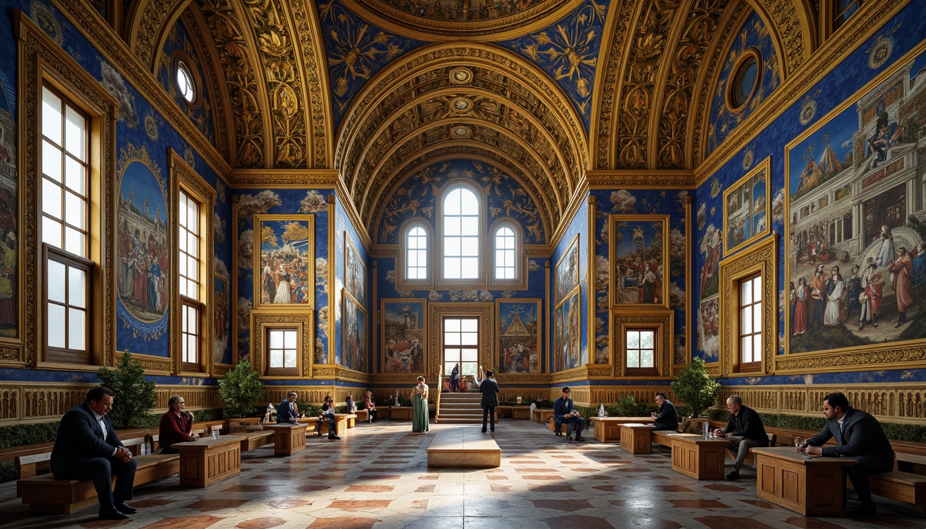 Prompt: Intricate Byzantine mosaics, golden tesserae, vibrant blue hues, ornate patterns, Christian iconography, lavish decorations, grand basilicas, high ceilings, ornamental arches, marble floors, intricate geometric motifs, luxurious textiles, rich jewel tones, dramatic lighting effects, shallow depth of field, 1/1 composition, detailed textures, ambient occlusion.