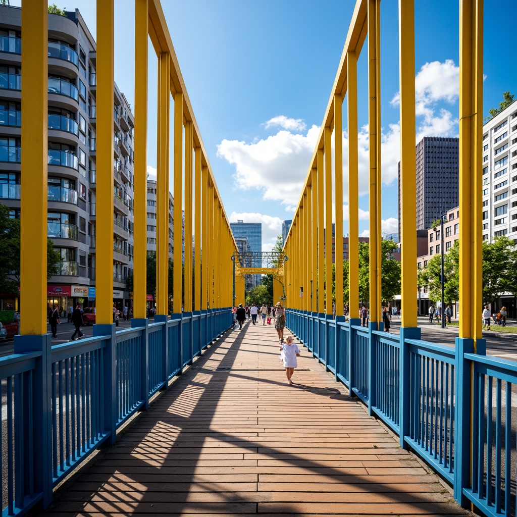 Prompt: Vibrant pedestrian bridge, modern steel structures, sleek cable-stayed design, bold primary colors, bright yellow accents, deep blue railings, warm wooden decking, natural stone piers, urban cityscape, bustling streets, sunny day, dramatic shadows, high contrast lighting, 3/4 composition, symmetrical framing, dynamic movement, blurred background, realistic textures, ambient occlusion.