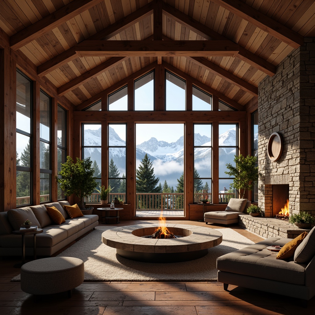 Prompt: Rustic student hall, wooden cabin-style architecture, earthy tone color scheme, natural stone walls, wooden beam ceilings, cozy fireplaces, plush furnishings, warm ambient lighting, snow-capped mountain views, evergreen trees, misty morning atmosphere, soft fog effects, 1/2 composition, atmospheric perspective, realistic textures, subtle depth of field.