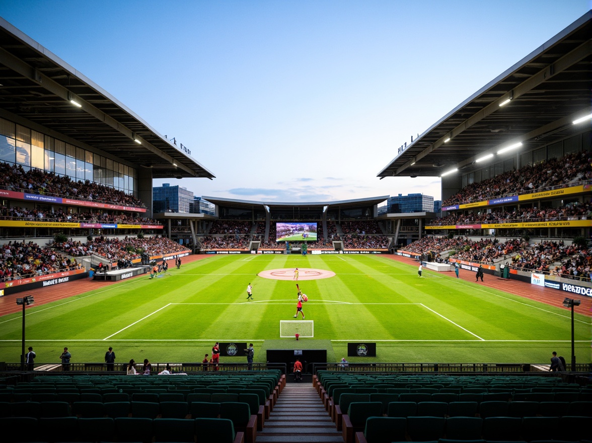 Prompt: Sports stadium, grandstand seating, lush green grass, athletic tracks, goalposts, soccer nets, basketball hoops, tennis courts, volleyball nets, spectator benches, scoreboard displays, modern architecture, cantilevered roofs, steel structures, transparent glass facades, dynamic lighting systems, evening games, warm atmospheric glow, shallow depth of field, 1/1 composition, symmetrical framing, realistic textures, ambient occlusion.