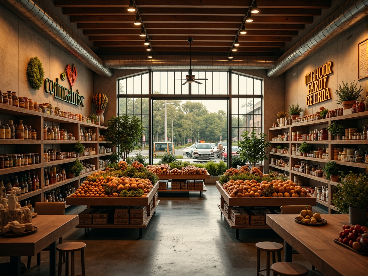 Prompt: Vibrant grocery store interior, warm and inviting atmosphere, softbox lighting, gentle shadows, pastel-colored walls, wooden shelves, eclectic product displays, bold signage, playful typography, rustic metal accents, distressed wood textures, moody contrast, high-contrast ratio, cinematic lighting, dramatic highlights, subtle color grading, filmic ambiance, shallow depth of field, 2/3 composition, symmetrical framing, realistic reflections, ambient occlusion.