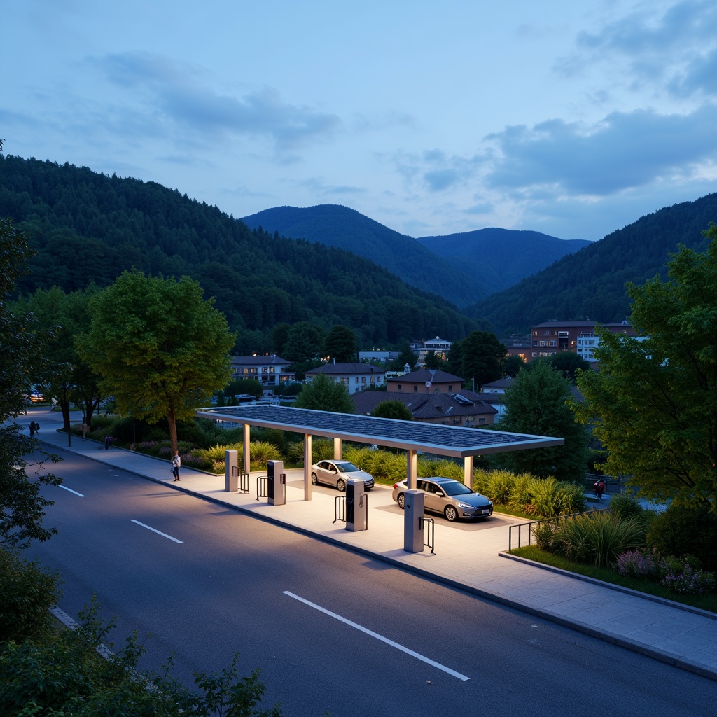 Prompt: Scenic highway, rolling hills, lush greenery, modern charging station, sleek metal canopy, solar panels, energy-efficient design, electric vehicle parking, urban planning integration, pedestrian-friendly access, wheelchair accessibility, LED lighting, nighttime ambiance, shallow depth of field, 1/2 composition, realistic textures, ambient occlusion.