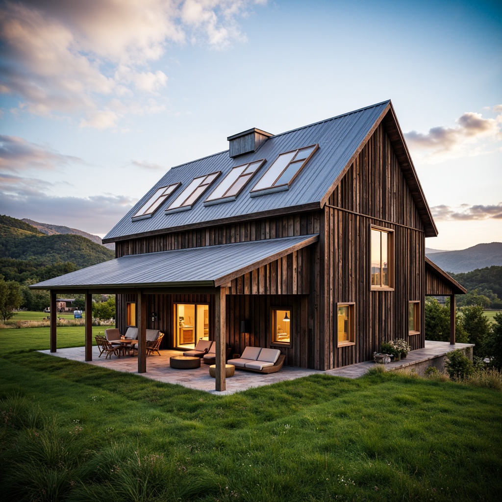 Prompt: Rustic barn, wooden accents, corrugated metal roofing, asymmetrical rooflines, clerestory windows, natural light pouring in, exposed beams, industrial chic atmosphere, distressed wood textures, earthy color palette, rural landscape surroundings, rolling hills, verdant pastures, cloudy blue sky, warm soft lighting, shallow depth of field, 1/1 composition, realistic render, ambient occlusion.