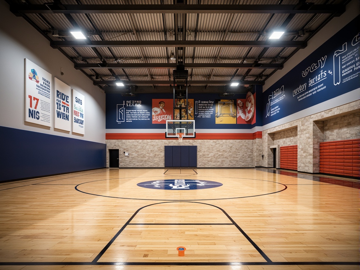 Prompt: Modern gymnasium interior, polished wooden floors, matte finished walls, sleek metal beams, industrial-style lighting fixtures, sports-themed murals, motivational quotes, vibrant color accents, textured rubber flooring, professional-grade basketball hoops, athletic equipment storage, natural stone feature walls, minimalist seating areas, ambient LED lighting, shallow depth of field, 1/2 composition, realistic textures, subtle atmospheric effects.