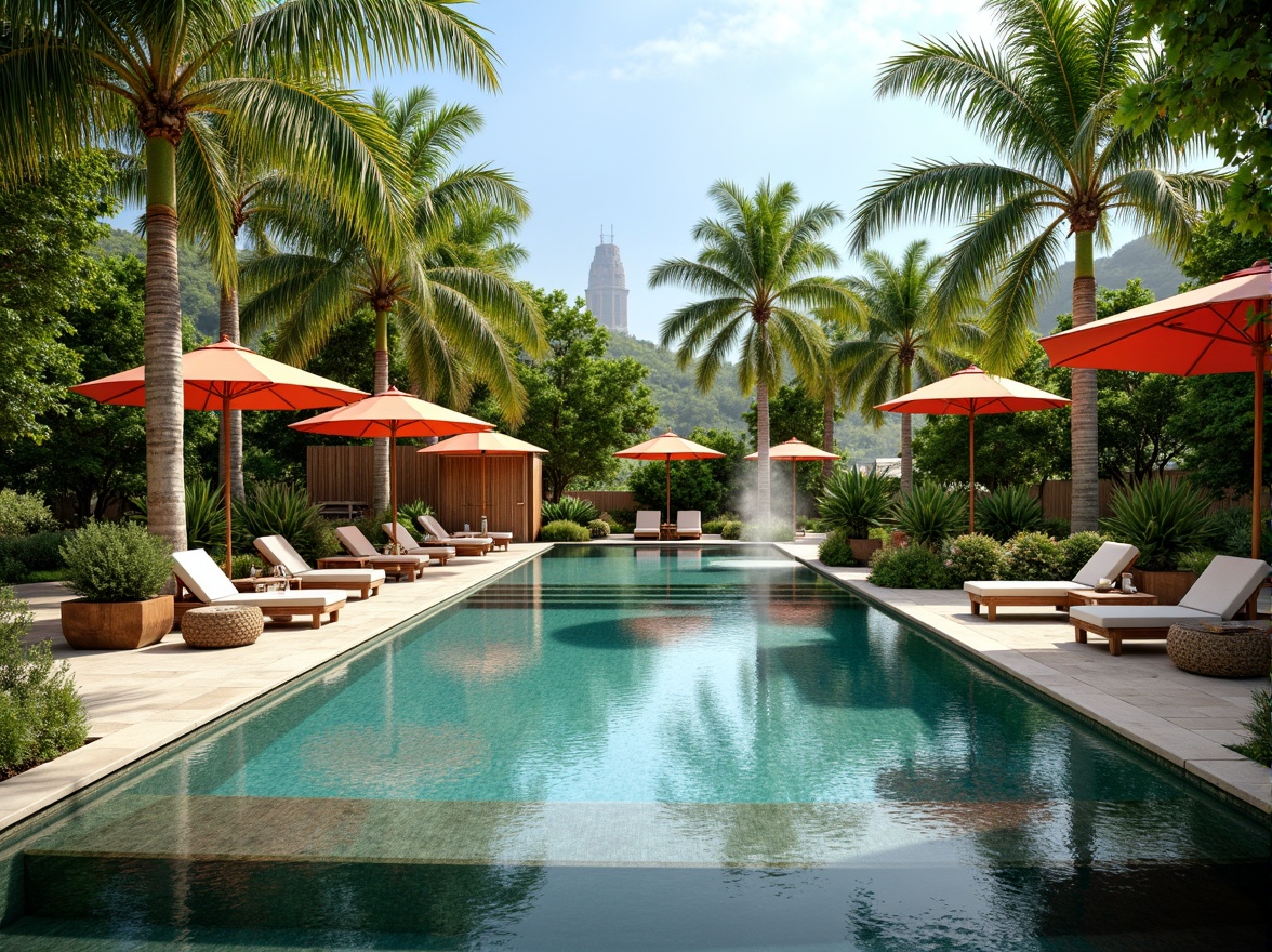 Prompt: Tropical oasis, lush greenery, tranquil water features, infinity edge pool, natural stone decking, wooden pool fencing, modern outdoor furniture, vibrant colorful umbrellas, refreshing misting systems, sunny day, warm soft lighting, shallow depth of field, 3/4 composition, panoramic view, realistic textures, ambient occlusion.