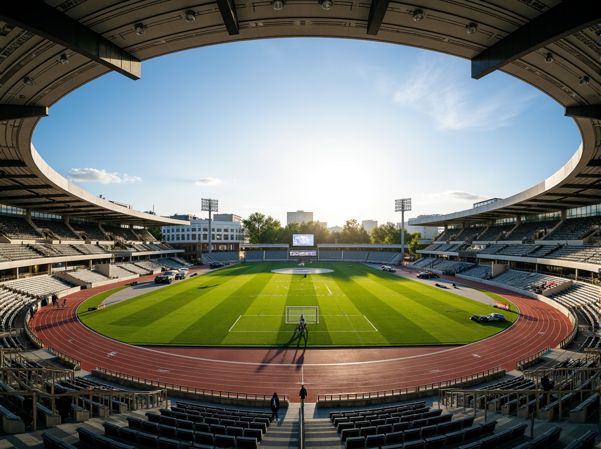 Prompt: Stadium seating, grassy athletic fields, track and field lanes, sports equipment storage, modern floodlights, scoreboard displays, spectator stands, VIP lounges, concession booths, walking concourses, entrance gates, landscaped surroundings, urban cityscape views, afternoon sunbeams, soft natural lighting, shallow depth of field, 3/4 composition, panoramic view, realistic textures, ambient occlusion.