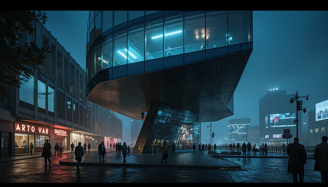 Prompt: Sleek watchtower, modernist facade design, angular lines, geometric patterns, metallic materials, reflective glass surfaces, cantilevered roofs, minimalist aesthetics, urban cityscape, bustling streets, vibrant nightlife, neon lights, dynamic lighting effects, low-angle shot, dramatic shadows, atmospheric fog, moody tone, cinematic composition, 1/2 camera angle, high-contrast imagery.