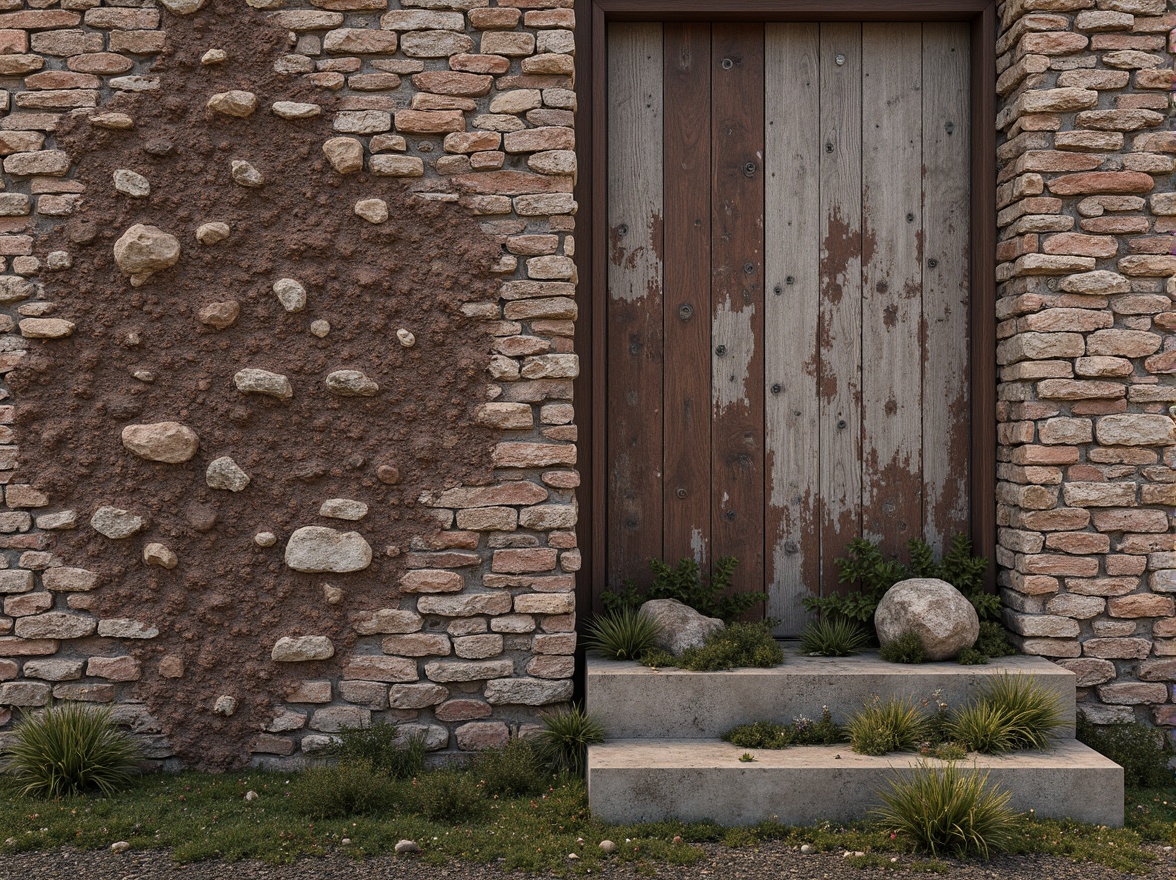 Prompt: Rough stone walls, distressed wood planks, weathered metal panels, tactile brick facades, organic pebbledash surfaces, irregular rocky formations, aged concrete textures, moss-covered stones, lichen-dappled boulders, intricate masonry patterns, earthy color palette, natural ambient lighting, subtle gradient maps, detailed normal maps, realistic material responses.