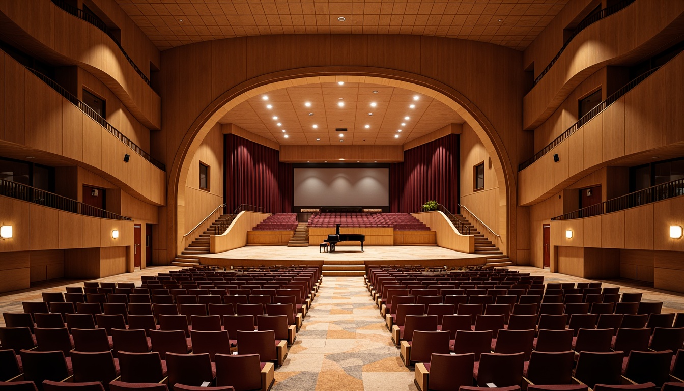 Prompt: Elegant auditorium interior, curved rows of seats, rich wood tones, plush velvet upholstery, polished metal handrails, subtle ambient lighting, dramatic spotlights, raised stage platform, grand piano, acoustic panels, soundproofing materials, luxurious carpets, sophisticated color scheme, high ceilings, ornate chandeliers, sweeping archways, warm neutral tones, 1/2 composition, shallow depth of field, softbox lighting, realistic textures, ambient occlusion.