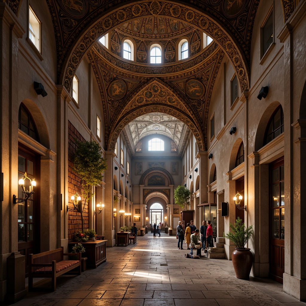 Prompt: Intricate arches, ornate carvings, golden mosaics, vaulted ceilings, grand domes, limestone walls, rustic stone floors, ornamental columns, capitals, Byzantine patterns, rich textiles, warm candlelight, soft shadows, 1/2 composition, atmospheric perspective, realistic reflections.