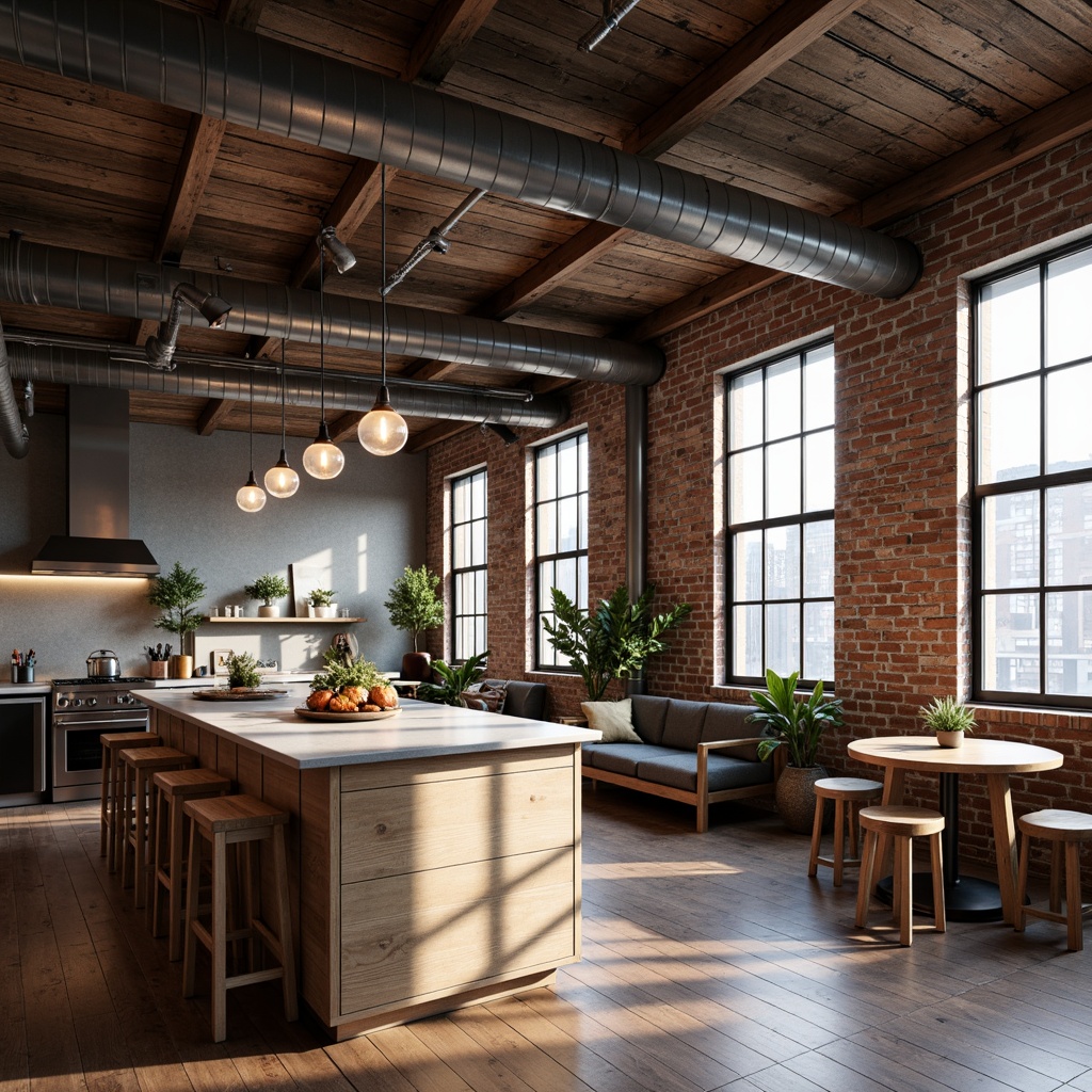 Prompt: Industrial-chic loft, exposed brick walls, metal beams, wooden floorboards, minimalist decor, urban atmosphere, natural light pouring in, large windows, steel frames, reclaimed wood accents, Edison bulbs, industrial-style lighting, open-plan living space, functional pipes, modern kitchen island, concrete countertops, high ceilings, airy feel, soft warm glow, shallow depth of field, 3/4 composition, realistic textures, ambient occlusion.