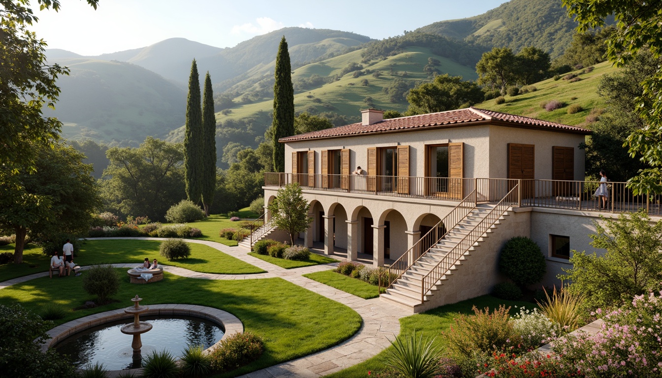 Prompt: Rustic villa, rolling hills, lush greenery, meandering pathways, ornate fountains, grand staircases, classical columns, arched windows, wooden shutters, terracotta roofing, stone walls, blooming flowers, sunny afternoon, warm soft lighting, shallow depth of field, 1/2 composition, symmetrical balance, realistic textures, ambient occlusion, naturalistic colors.