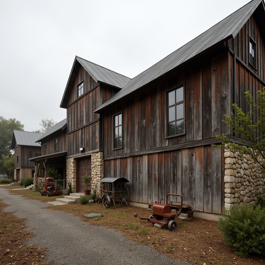 Prompt: Rustic barns, distressed wood textures, earthy color palette, natural stone foundations, corrugated metal roofs, wooden shutters, vintage agricultural equipment, rural landscape, overcast skies, soft diffused lighting, shallow depth of field, 1/2 composition, realistic worn effects, ambient occlusion.