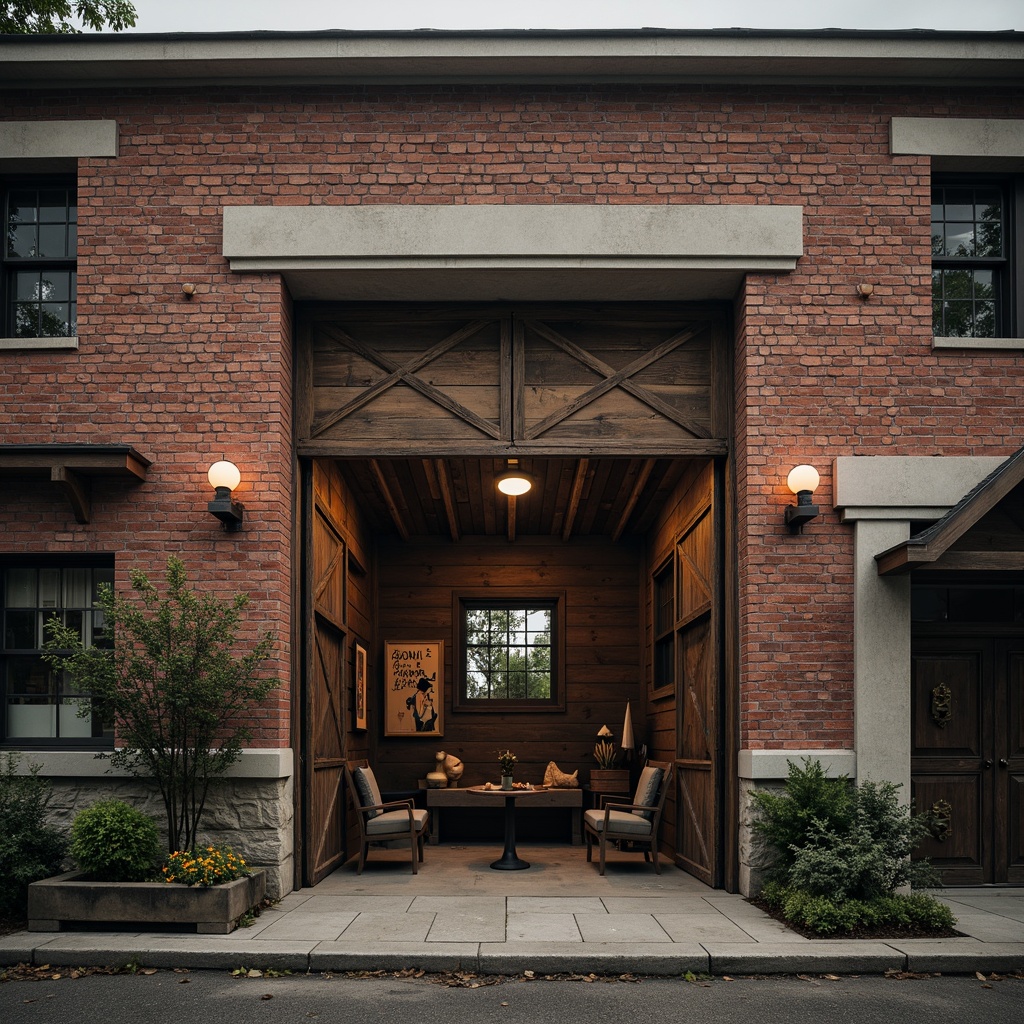 Prompt: Brick warehouse facade, classic industrial architecture, rustic wooden accents, vintage metal doors, ornate ironwork, distressed concrete walls, aged copper roofing, nostalgic lanterns, subtle stonework, earthy color palette, warm ambient lighting, soft focus, shallow depth of field, 2/3 composition, symmetrical framing, realistic textures, atmospheric fog.