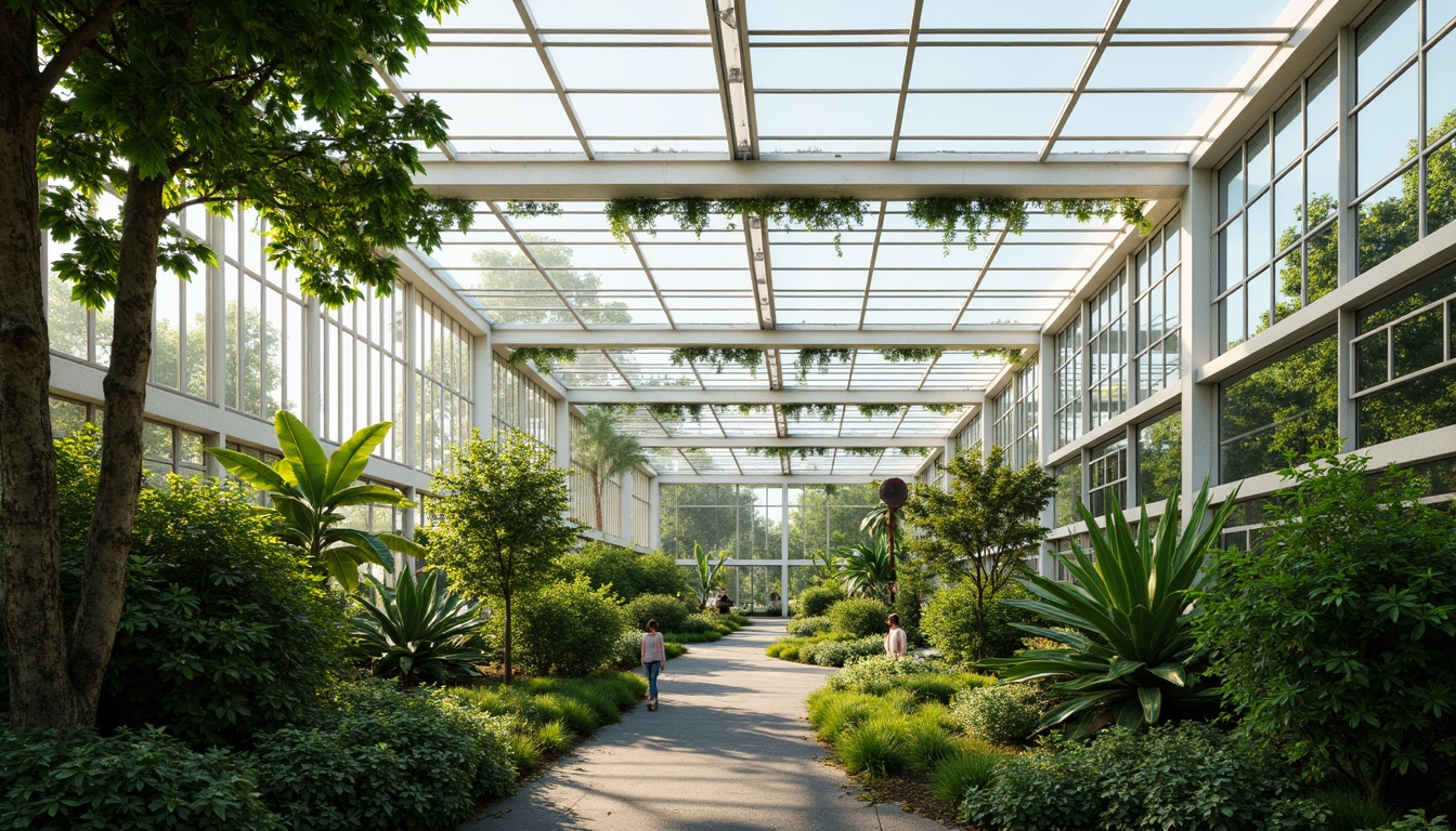 Prompt: Natural ventilation, greenhouse structure, polycarbonate panels, automatic roof vents, side wall vents, evaporative cooling systems, shading devices, misting systems, climate control, tropical plants, lush greenery, warm humid air, natural light, soft diffused lighting, 3/4 composition, realistic textures, ambient occlusion.