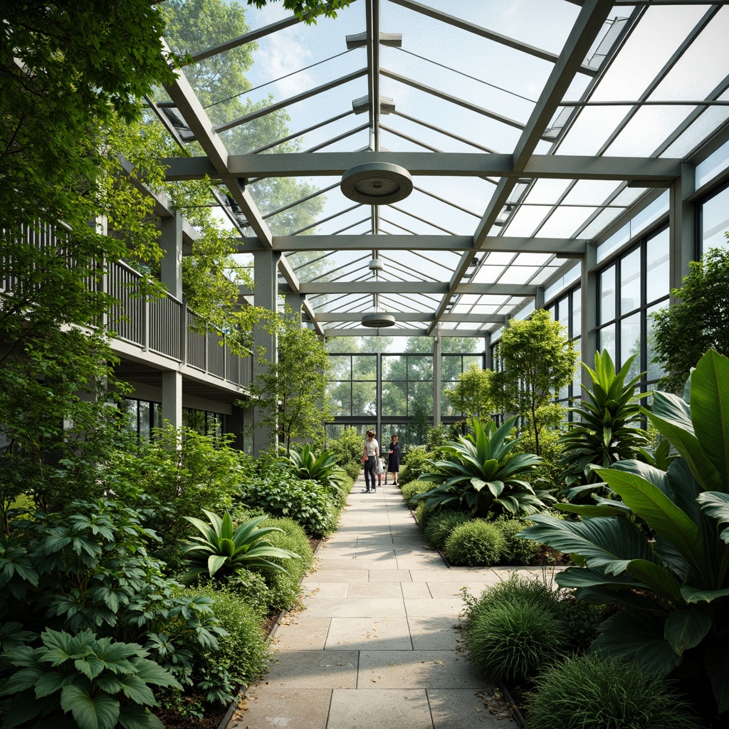 Prompt: Natural ventilation, climate-controlled greenhouse, lush greenery, tropical plants, misting systems, fogging systems, evaporative cooling, shading devices, roof vents, side vents, automatic window openers, insect screens, polycarbonate panels, glass roofs, solar radiation control, heat recovery systems, air circulation patterns, CO2 enrichment systems, humidity management, temperature regulation, sunny day, soft natural lighting, 1/1 composition, shallow depth of field, realistic textures, ambient occlusion.