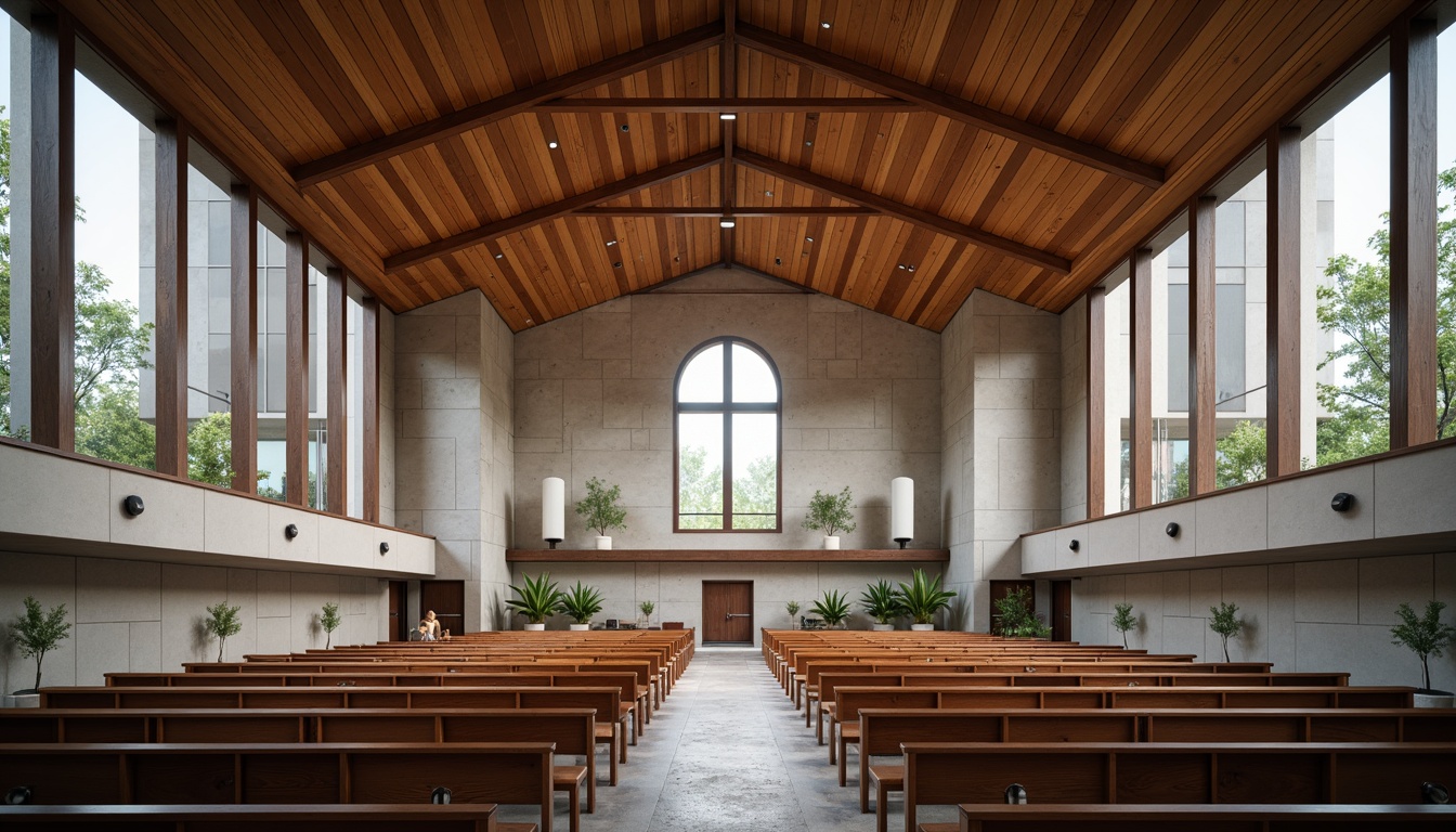 Prompt: Bauhaus-style church, asymmetrical fa\u00e7ade, geometric shapes, primary colors, industrial materials, steel beams, concrete walls, rectangular windows, minimalist ornamentation, functional simplicity, brutalist architecture, bold lines, abstract patterns, modern spirituality, natural light, high ceilings, open spaces, sacred atmospheres, subtle textures, dramatic shadows, low-angle photography, 1/1 composition, harsh lighting, cinematic mood.