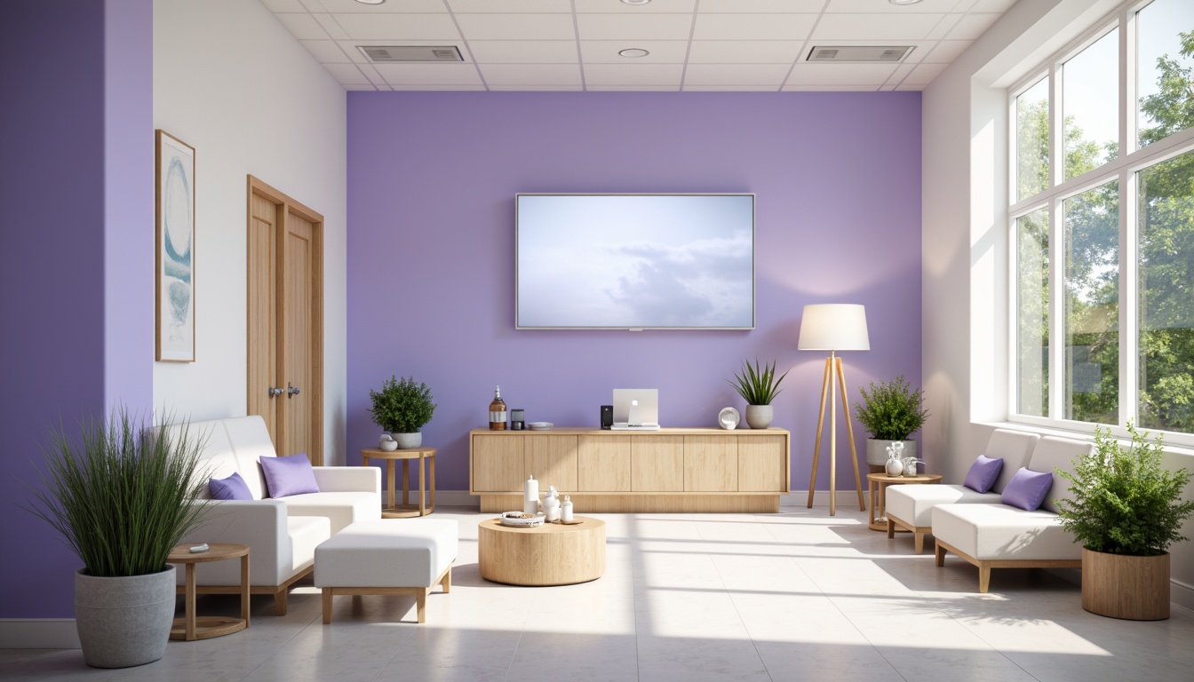 Prompt: \Soothing clinic interior, calming blue violet hues, gentle lavender accents, creamy whites, warm beige tones, soft silver metallic frames, minimalist decor, natural light pouring in, comfortable seating areas, lush green plants, subtle texture patterns, gentle gradient effects, serene ambiance, shallow depth of field, 1/1 composition, realistic renderings, ambient occlusion.\Let me know if you'd like me to adjust anything!