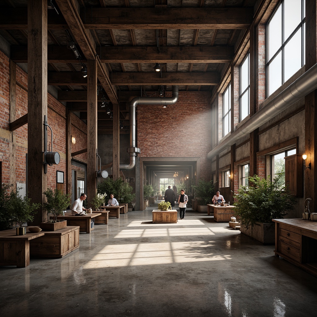 Prompt: Rustic industrial landscape, steel-framed buildings, exposed brick walls, metallic beams, concrete floors, urban decay, distressed textures, vintage machinery, reclaimed wood accents, Edison bulbs, high ceilings, open spaces, natural light pouring in, warm atmospheric lighting, shallow depth of field, 1/1 composition, realistic renderings, ambient occlusion.