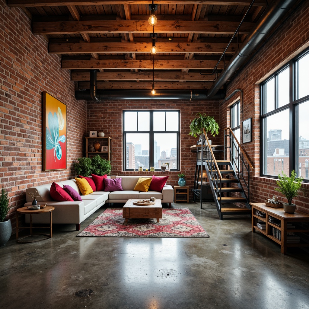 Prompt: Industrial-chic loft, exposed brick walls, wooden beam ceilings, polished concrete floors, eclectic color accents, vibrant throw pillows, abstract artwork, minimalist furniture, reclaimed wood shelves, Edison bulb lighting, metal staircase, urban cityscape views, overcast day, soft warm glow, shallow depth of field, 1/1 composition, realistic textures, ambient occlusion.