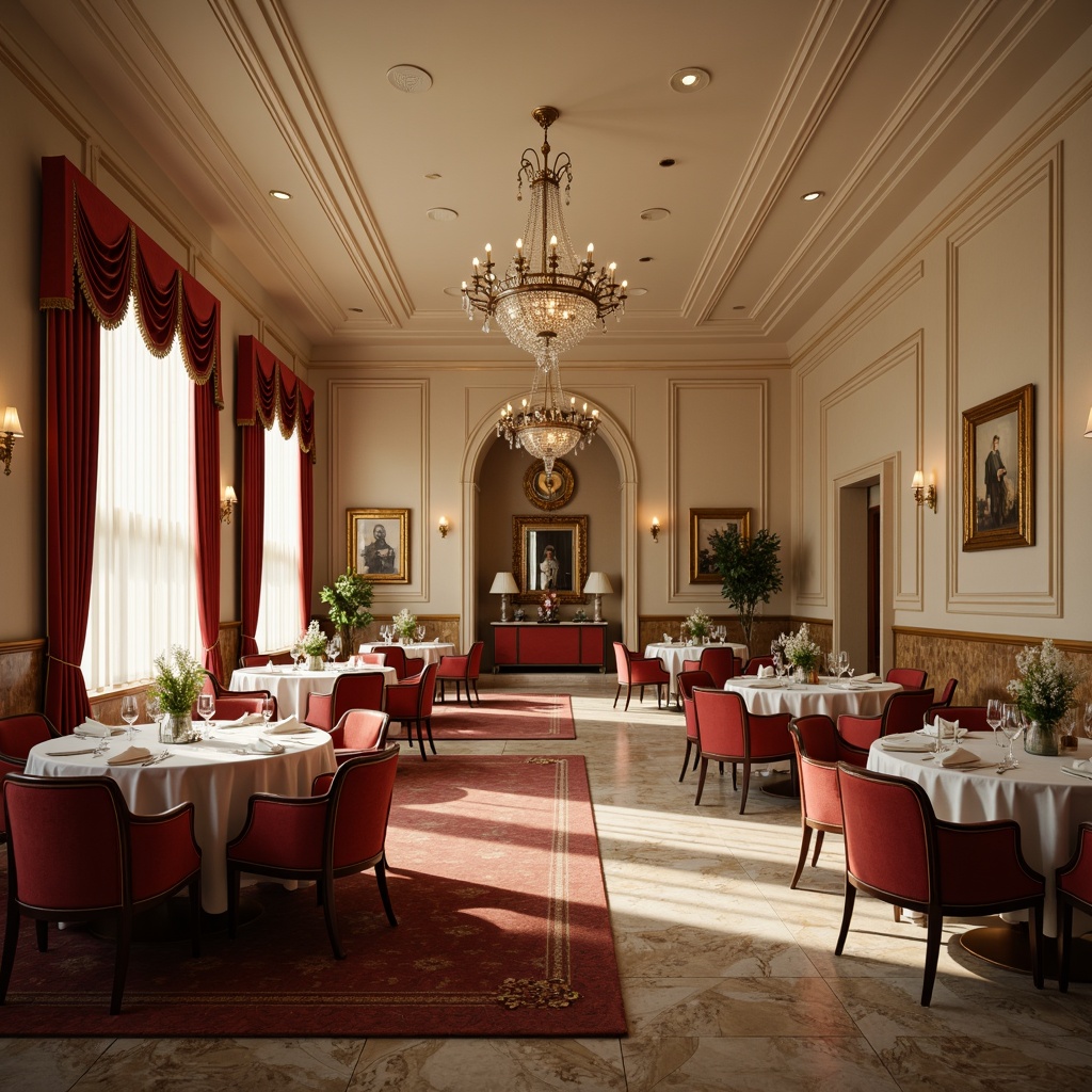 Prompt: Elegant neoclassical restaurant, rich wood tones, creamy whites, soft gold accents, velvety reds, warm beige walls, ornate moldings, crystal chandeliers, luxurious fabrics, subtle marble patterns, refined furniture silhouettes, ambient warm lighting, shallow depth of field, 1/1 composition, realistic textures, subtle reflections.