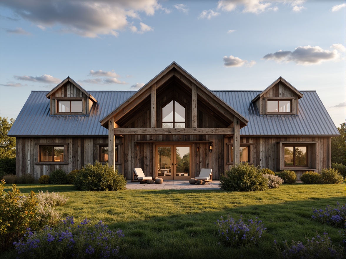 Prompt: Rustic barn, weathered wooden planks, corrugated metal roofing, asymmetrical gable rooflines, clerestory windows, natural light pouring in, exposed wooden beams, industrial chic decor, distressed finishes, earthy color palette, rural landscape, rolling hills, wildflower fields, cloudy blue sky, soft warm lighting, shallow depth of field, 1/1 composition, symmetrical framing, realistic textures, ambient occlusion.