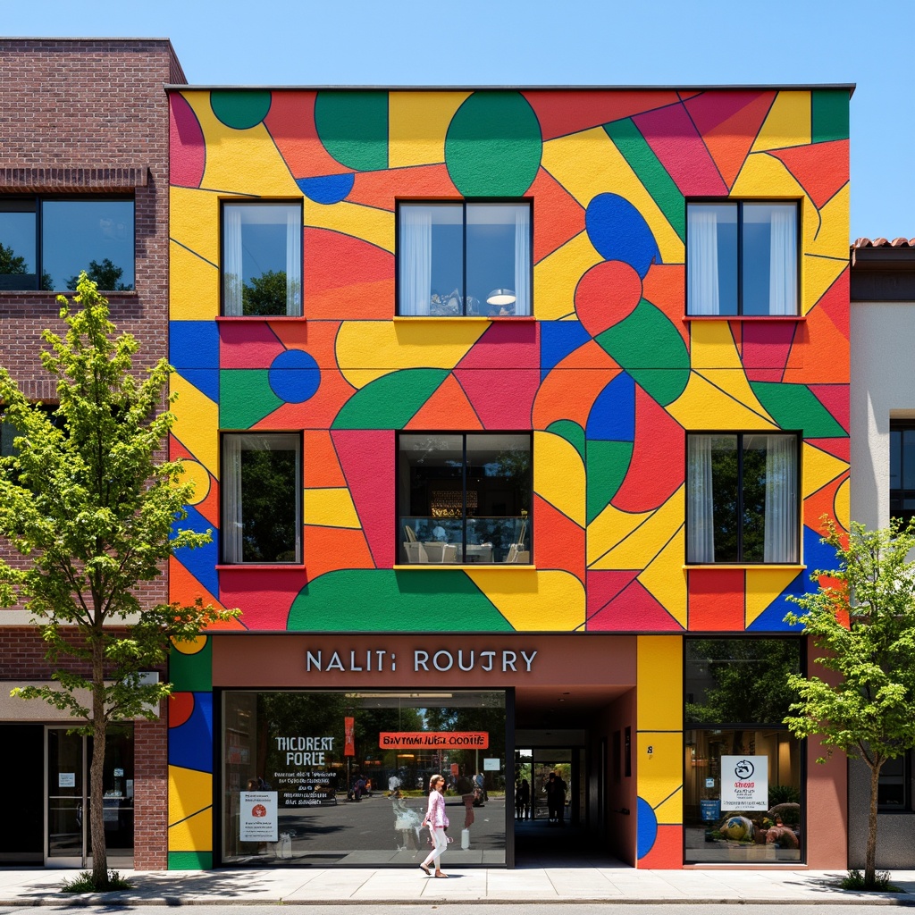 Prompt: Vibrant grocery store facade, abstract expressionist architecture, bold geometric shapes, bright primary colors, irregular window patterns, fragmented brick textures, dynamic angular lines, contrasting materiality, reflective metal accents, whimsical signage, playful typography, bustling city street, morning sunlight, shallow depth of field, 1/1 composition, symmetrical framing, high-contrast lighting, dramatic shadows.