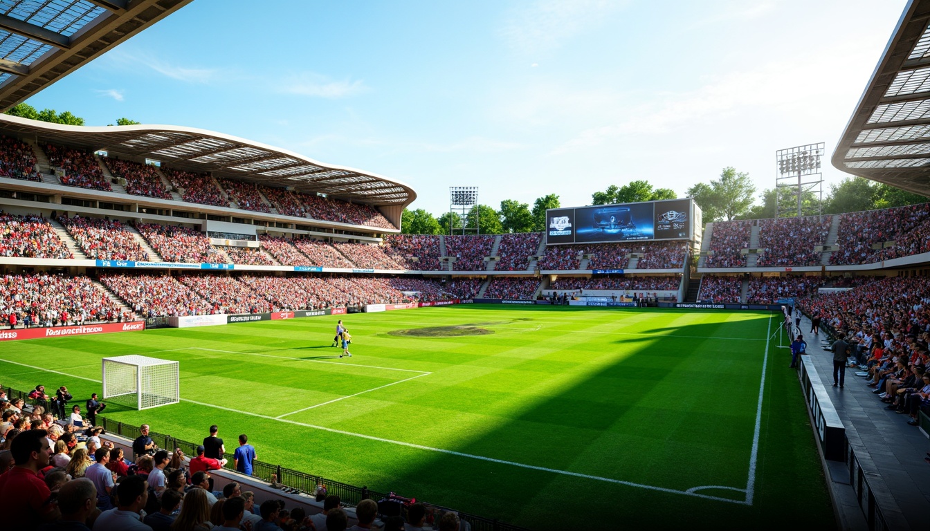 Prompt: Green soccer field, goalposts, spectator seating, grandstand architecture, modern stadium design, curved lines, vibrant team colors, natural grass texture, sunny day, soft warm lighting, shallow depth of field, 3/4 composition, panoramic view, realistic crowd simulation, ambient occlusion, dynamic scoreboard display, electronic advertising boards, VIP lounges, concession stands, pedestrian walkways, urban landscape integration.