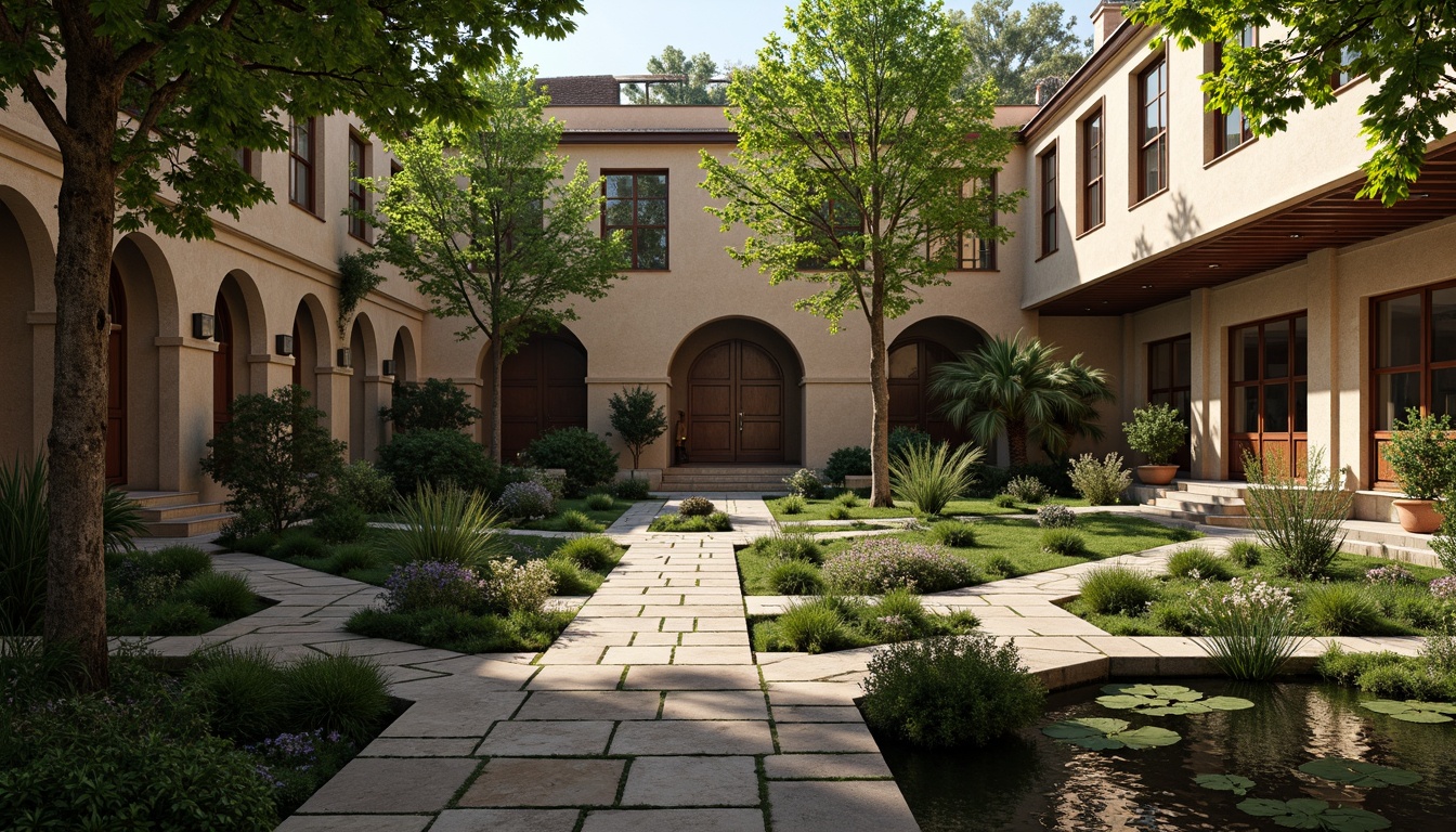 Prompt: Serene monastery courtyard, lush greenery, tranquil water features, stone walkways, ancient trees, historic buildings, ornate facades, stained glass windows, cloistered corridors, peaceful ambiance, soft natural lighting, warm color palette, traditional architectural details, rustic wooden doors, spiritual sculptures, subtle textures, ambient occlusion, 1/1 composition, intimate framing, realistic rendering.