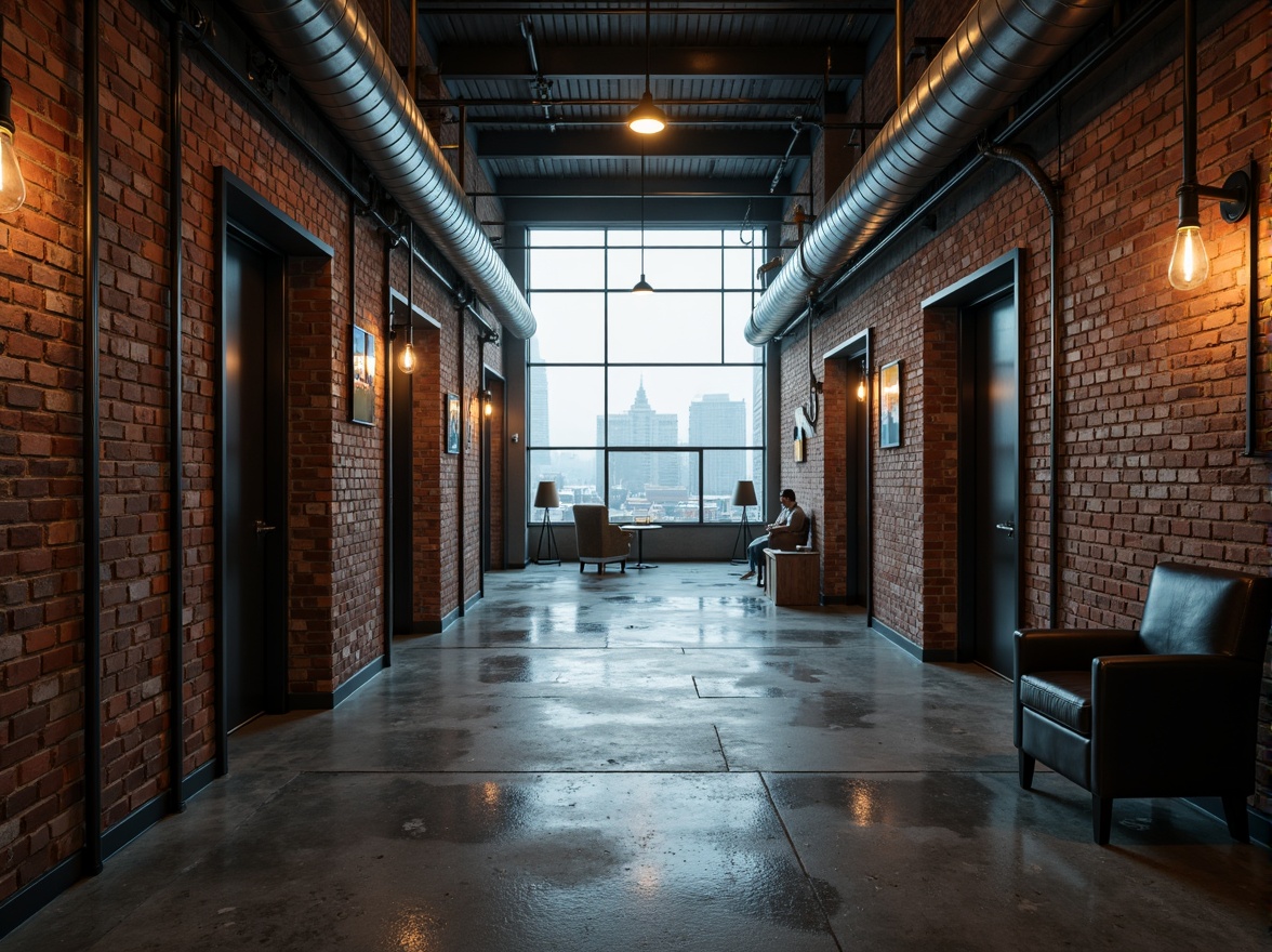 Prompt: Rustic industrial buildings, exposed brick walls, metallic structures, reclaimed wood accents, raw concrete floors, minimalist decor, functional pipes, Edison bulb lighting, urban cityscape, foggy day, dramatic shadows, high contrast lighting, 3/4 composition, symmetrical framing, abstract textures, atmospheric perspective.