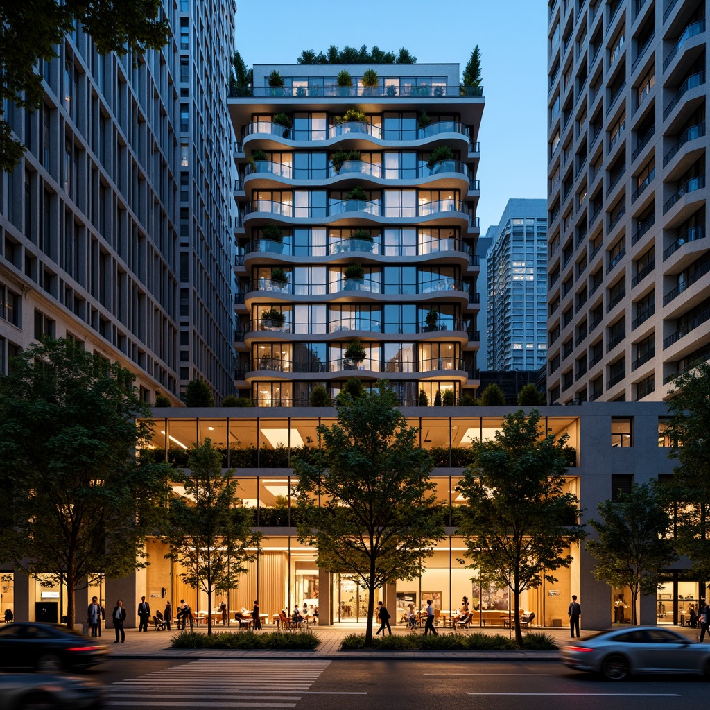 Prompt: Luxurious hotel facade, modernist architecture, sleek glass curtain walls, metallic accents, minimalist ornamentation, cantilevered balconies, rhythmic window patterns, vertical green walls, urban cityscape, bustling streets, vibrant nightlife, warm golden lighting, shallow depth of field, 1/2 composition, symmetrical framing, high-contrast textures, ambient occlusion.