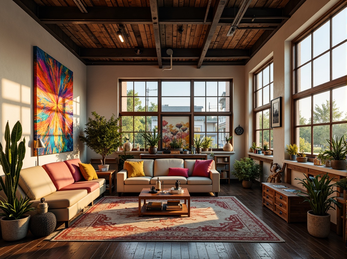 Prompt: Vibrant art studio, eclectic furniture, abstract artwork, bold color accents, contrasting textures, industrial metal beams, reclaimed wood floors, large windows, natural light, soft shadows, atmospheric perspective, cinematic composition, warm golden lighting, rich earthy tones, deep blues, bright coral hues, pastel pink accents, metallic silver highlights.