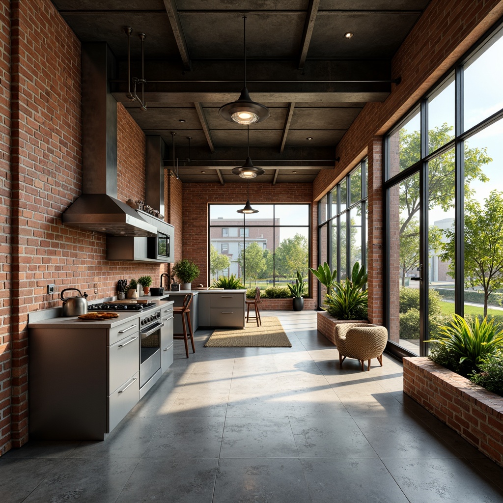 Prompt: Exposed brick walls, reclaimed wood accents, industrial metal beams, floor-to-ceiling windows, minimal ornamentation, functional open spaces, energy-efficient appliances, eco-friendly materials, green roofs, living walls, natural ventilation systems, solar-powered lighting, rainwater harvesting systems, recycled glass countertops, low-VOC paints, urban garden views, soft warm lighting, shallow depth of field, 3/4 composition, realistic textures, ambient occlusion.