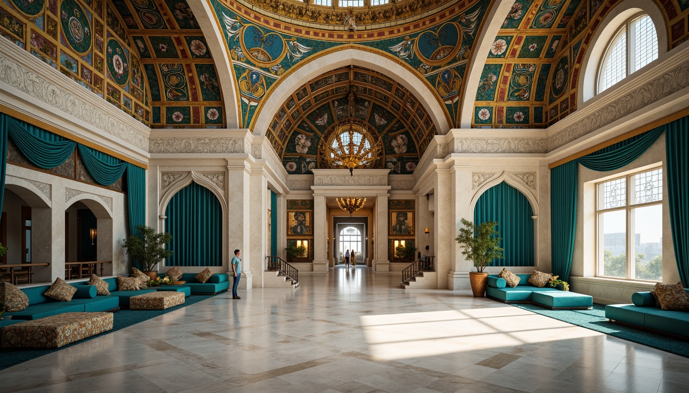 Prompt: Byzantine-style architecture, ornate domes, intricately patterned mosaics, golden accents, azure-blue hues, rich turquoise tones, creamy white marble, ornamental archways, grandiose entrances, lavish furnishings, velvet drapes, gemstone-encrusted decorations, warm soft lighting, shallow depth of field, 1/2 composition, realistic textures, ambient occlusion.