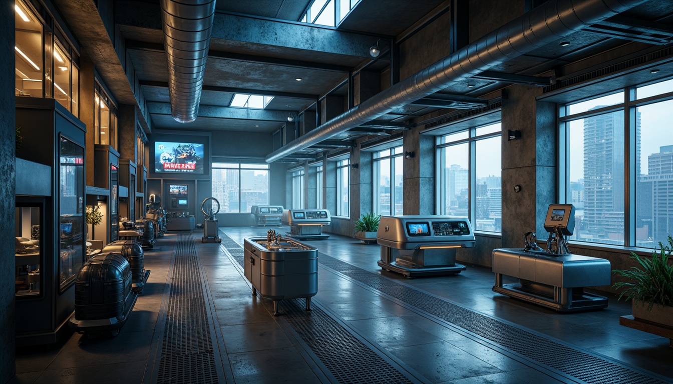 Prompt: Futuristic cityscape, sleek metal skyscrapers, exposed ductwork, industrial pipes, steel beams, concrete floors, neon lights, holographic advertisements, virtual reality interfaces, robotic assistants, 3D printing facilities, advanced laboratories, clean rooms, precision machinery, metallic catwalks, grated staircases, industrial-style lighting, atmospheric fog effects, high-contrast color scheme, cinematic composition, dramatic backlighting, futuristic materials, sci-fi inspired details.